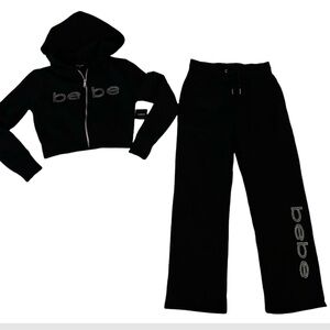 BEBE BLACK BLING CLEAR RHINESTONE FLEECE TRACKSUIT SWEATSUIT MEDIUM NWT